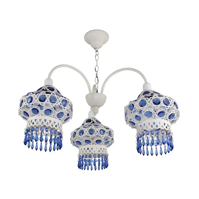 Luminaire de lustre bleu en métal lanterne 3 ampoules Pendentif plafond traditionnel pour le salon