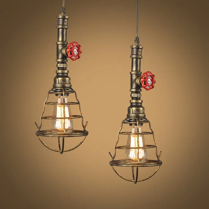 Luminaire suspendu en forme de cage en forme d&rsquo;ampoule unique luminaire à suspension en métal industriel avec décoration de valve rouge