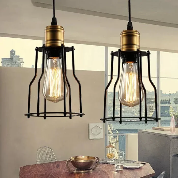 Luminaire suspendu en métal à cage d&rsquo;entrepôt à ampoule unique, noir