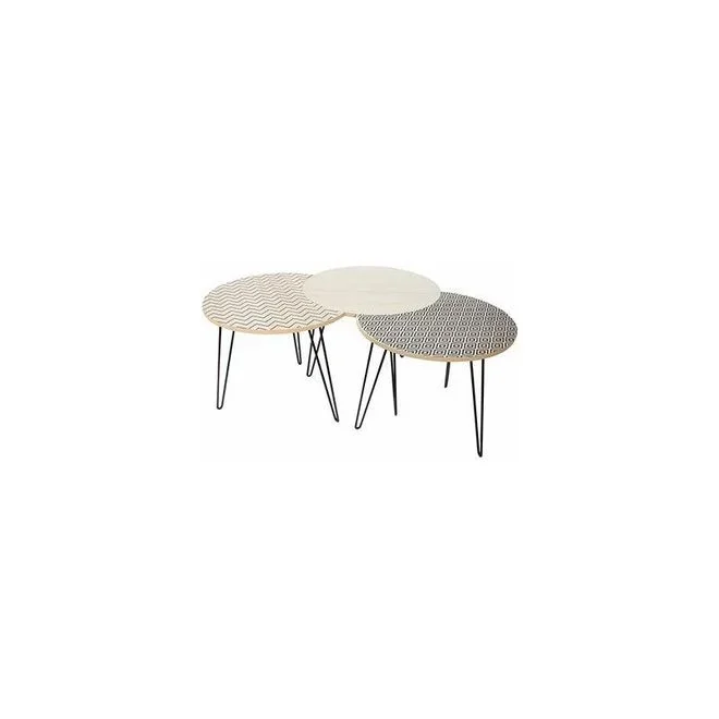 M&s – Lot de 3 tables rondes avec plateaux à motif blanc naturel et noir