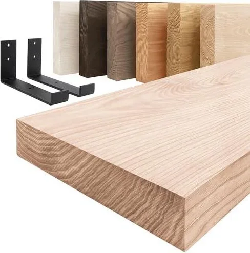 Manufaktur étagère Murale en Bois Massif, Bord régulier, étagère de Rangement Industrial, Bois Brut/équerre Noire 160cm, LWG-01-A-001-160JS