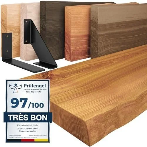 Manufaktur étagère Murale en Bois Massif, irrégulier, étagère de Rangement Basic, Bois Rustique/équerre Noire 60cm, LW-01-A-003-60LS Blanc