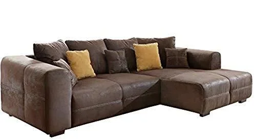 Mavericco Canapé dAngle en Microfibre avec Chaise Longue à Droite, Pieds en Bois et Coussins, Aspect Cuir Vieilli, 285 x 69 x 170 cm, Marron