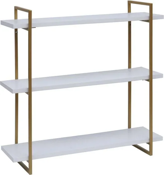 Mendler – Etagère murale HWC-K78 – étagère suspendue – 3 étagères en métal massif-bois industriel 60x60x18cm – blanc – métal doré