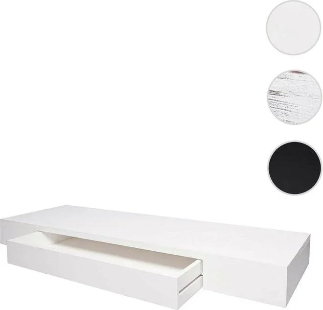 Mendler – tagère murale HWC-H37, étagère suspendue, tiroir, en bois massif 8x80x25cm – blanc, shabby