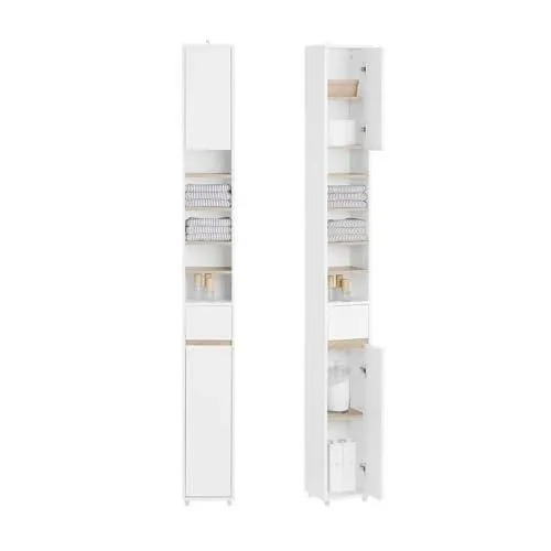 Meuble Colonne Salle de Bain, Armoire de Rangement Placard de Rangement Étroite, 1 Tiroir, 2 Portes et 5 Compartiments Ouverts, Étagères Réglables, Bl Blanc