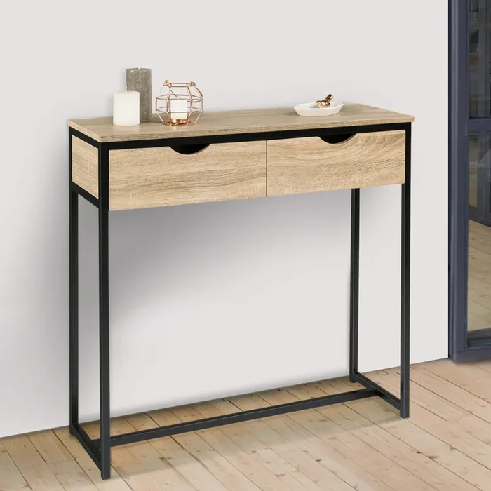 Meuble console industrielle 2 tiroirs bois et métal 90 cm