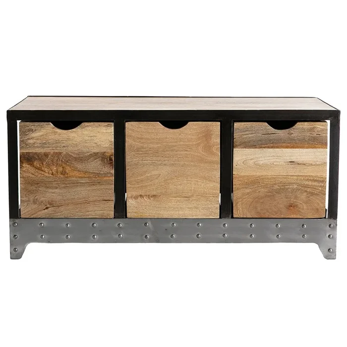 Meuble de rangement en bois manguier massif et métal 3 tiroirs l100 cm atelier