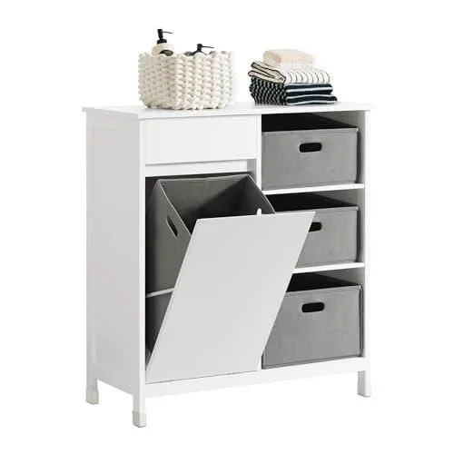 Meuble de Salle de Bain avec Paniers à Linge, Armoire à Linge avec 3 Paniers et Tiroir, Armoire de Salle de Bain en Bois, Corbeille à Linge, Blanc, 80