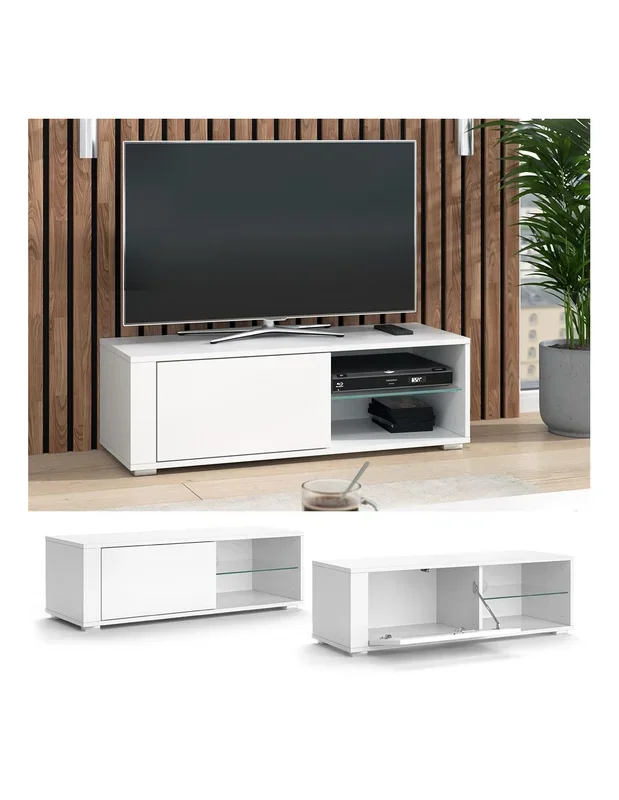 Meuble TV 100 cm blanc avec étagère verre Meuble TV salon Meuble téléviseur Meuble télé tendance