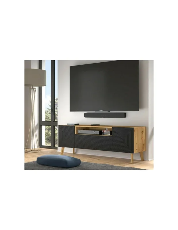 Meuble TV 160 cm Chêne et Noir Graphique Meuble Télévision Meuble TV Moderne