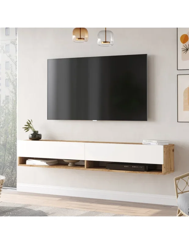 Meuble TV 2 Portes 2 Compartiments 180 x 31,5 x 29,5 cm Chêne Rustique Blanc Meuble Télévision Suspendu Meuble Télé Moderne