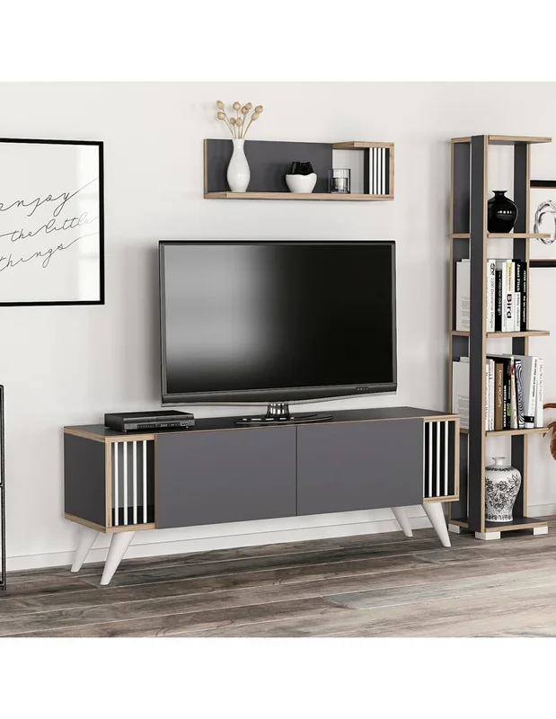 Meuble TV 2 Portes avec Etagère Murale Anthracite Meuble Télé Moderne Meuble de Télévision Tendance