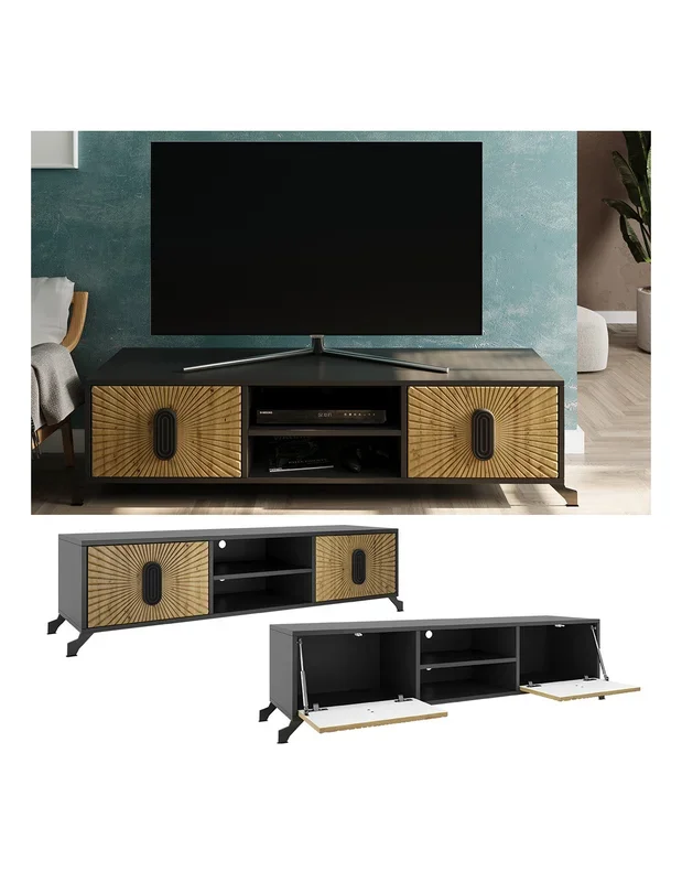 Meuble TV anthracite et chêne artisan graphique 150 cm Meuble téléviseur avec compartiment et rangement