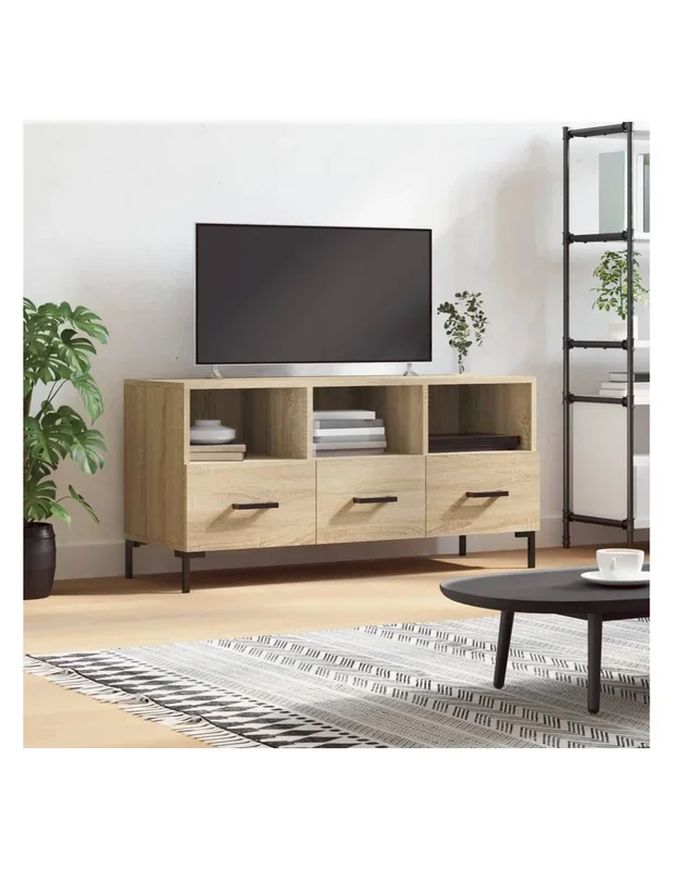 Meuble TV Chêne 102 cm 3 Tiroirs Meuble Télévision Moderne Meuble Télé Salon