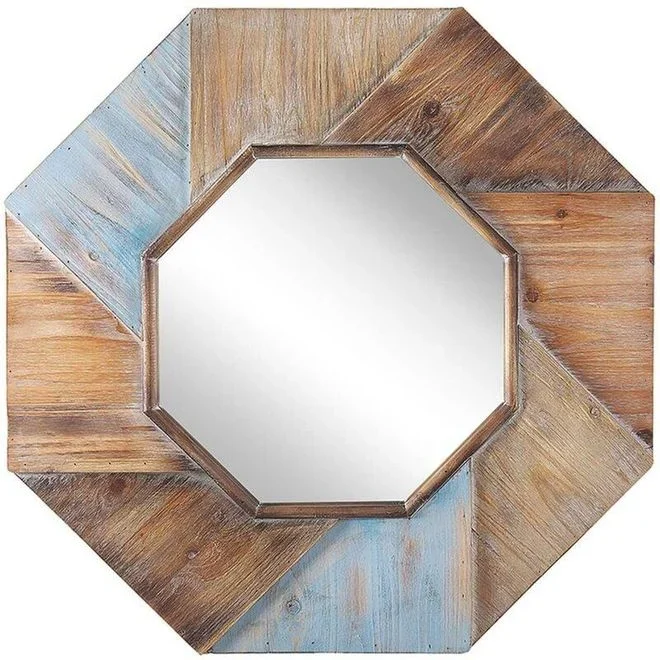 Miroir Mural Design de Forme Octogonale avec Cadre en Bois Effet Vieilli pour Entrée Salon ou Chambre au Style Industriel Rustique ou Rétro Beliani