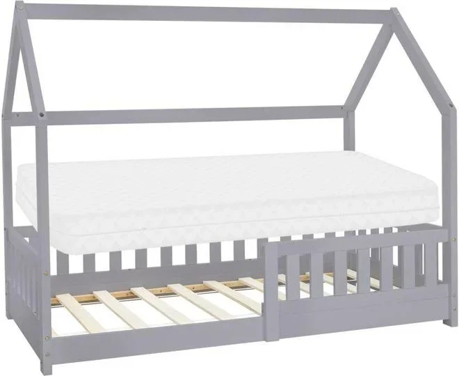 Ml-design – Lit dEnfant Design en Forme Maison 80×160 cm Gris Clair avec Matelas à Mousse Froide Polyester, Housse Amovible, Sommier à Lattes