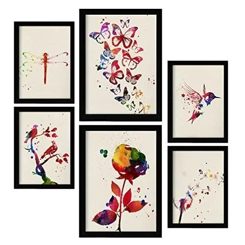 Nature Affiches. Illustrations de Style Aquarelle de Plantes, Fleurs, Papillons et Oiseaux. Design dintérieur et décoration. A4 & A3 Noir