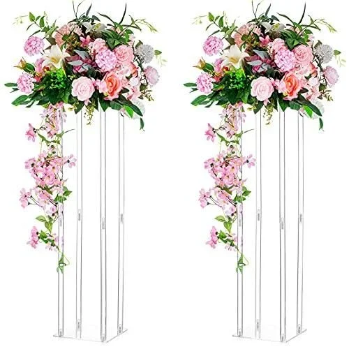 Nuptio Centres Table Mariage Vase: 2 Pièces 80cm Haut Fleurs Acryliques Vase Sol Colonne Arrangement Fleurs Support Présentoir Rectangulaire Géométriq Transparent