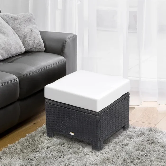 Outsunny Ottomane de terrasse en rotin, repose-pieds d&rsquo;extérieur en osier avec coussin doux, cadre en métal pour jardin, jardin et bord de piscine, blanc
