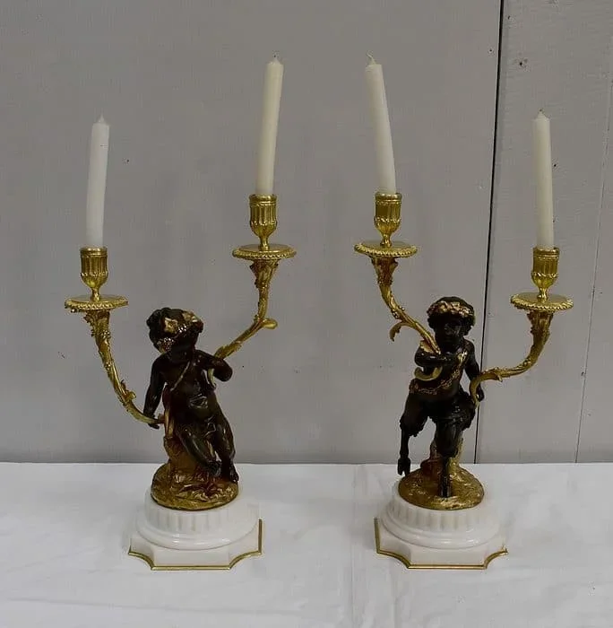 Paire de Candélabres en Bronze « Un Amour et un Faune « , d’après Clodion et Delarue – Fin XIXe
