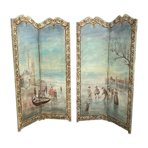 PAIRE DE PARAVENTS A 2 FEUILLES / ECOLE DU NORD / TOILE PEINTE » LES PATINEURS