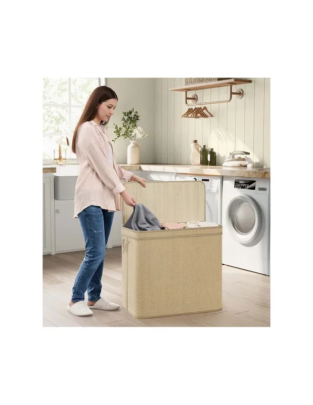 Panier à Linge en Bambou 170 L Sac Amovible 3 Compartiments