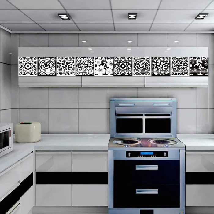 Papier peint à fleurs à défilement noir et blanc, revêtement mural à décoller et à coller pour la cuisine (10 pièces)
