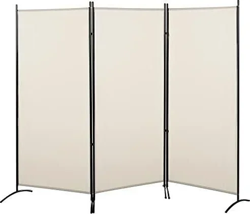 Paravent 3 Panneaux dim. 2,53L x 0,5l x 1,82H m Store latéral Brise-Vue paravent sur Pied séparateur métal Polyester Haute densité Beige