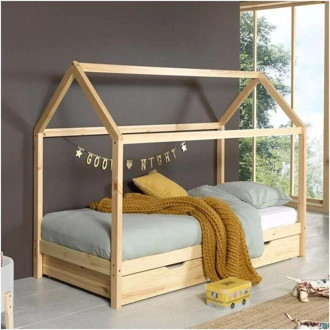 Paris Prix – Lit Enfant Cabane & Tiroir Dallas 90x200cm Naturel