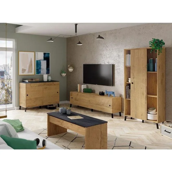 Pegane – Ensemble de séjour coloris chêne doré ( meuble tv + Buffet + Bibliothèque + Table basse)