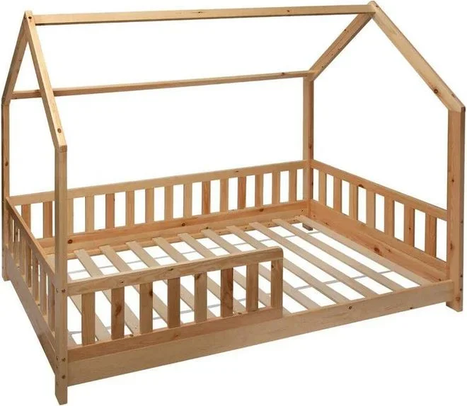 Pegane – Lit cabane enfant en bois coloris beige ficelle – Longueur 195 x Profondeur 98,2 x Hauteur 145,7 cm