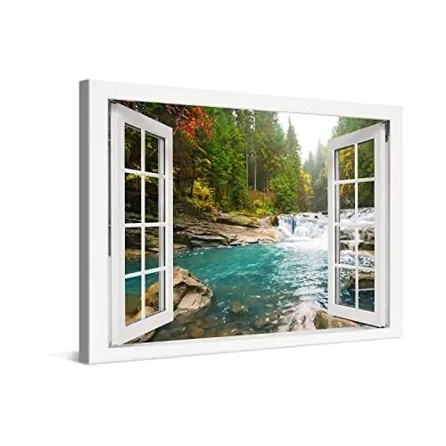 Photo sur Toile Forêt Rivière Chûte dEau Fenêtre 60x40cm – Impression sur Toile Haut de Gamme – Image sur Toile pour Décoration Murale Moderne – La Co Vert