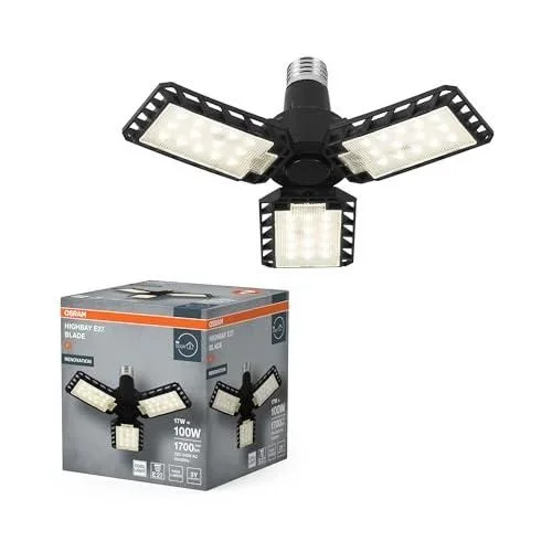 Plafonnier Highbay Blade en plastique noir, avec lames lumineuses réglables, offre 17 W ou 1700 lm en blanc neutre avec 4000 K, filetage E27, diamètre