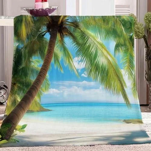 Plaid Couverture Polaire Plage Tropicale Palmiers Bleu Douce Moelleuse Flanelle Lit Jeté Canapé Convient Adultes et Enfants Rester Chaud Hiver, 150×20