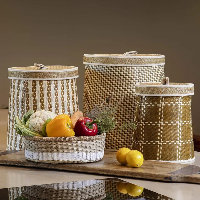 Poly – Lot de 3 paniers ronds avec couvercle en feuilles de palmier – Motifs
