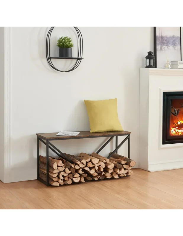 Range-Bûches Intérieur 100 x 30 x 50 cm Noir Banc d’Entrée Marron Rustique