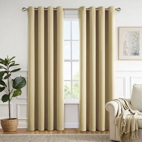 Rideau Occultant Thermique Anti Chaleur 140×225 Lot de 2, Fenetre Rideaux Salon à Oeillets Intérieurs, Doux et Esthétiques Rideau Opaque Occultant Iso Beige