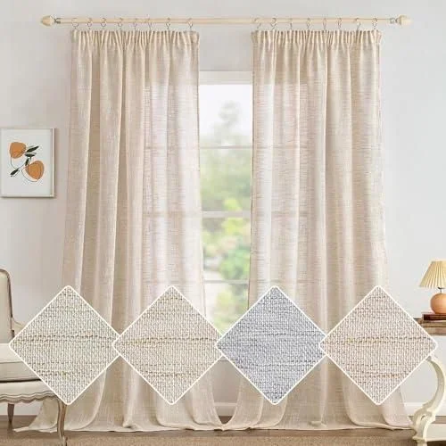Rideau Voilage Lin Salon Naturel Voile Rideaux en Lin Chambre Moderne Transparent Translucide Intérieurs Galon 140×225 cm Lot de 2 Riz Blanc