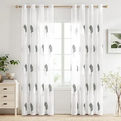 Rideaux Voilage Vert Foncé avec Beau Motif de Feuilles Décoratifs, Intérieurs Rideau Voile Brodé a Oeillets Largeur 140 CM Hauteur 260, Transparent Vo