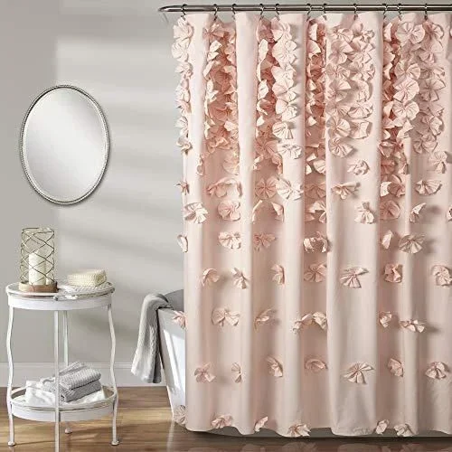 Riley Rideau de Douche en Tissu texturé avec noeud Papillon Style Vintage Chic Décoration de Salle de Bain Style Rustique Rose poudré