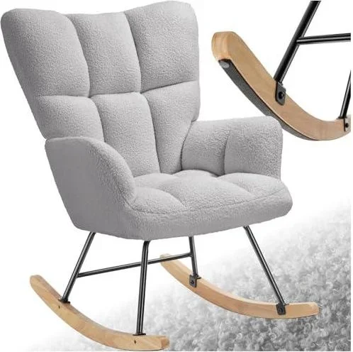 Rocking Chair Fauteuil à Bascule avec Accoudoirs Fauteuil scandinave Motif matelassé Cadre en Acier Fauteuil Salon Veranda Chaise Ergonomique idéal Dé Gris