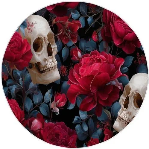 Rouge Style Artistique Tapis Rond Salon, Crâne Fleurs Roses Impression Tapis de Sol Décoration Antidérapant pour Chambre Cuisine Balcon Terrasse Salle