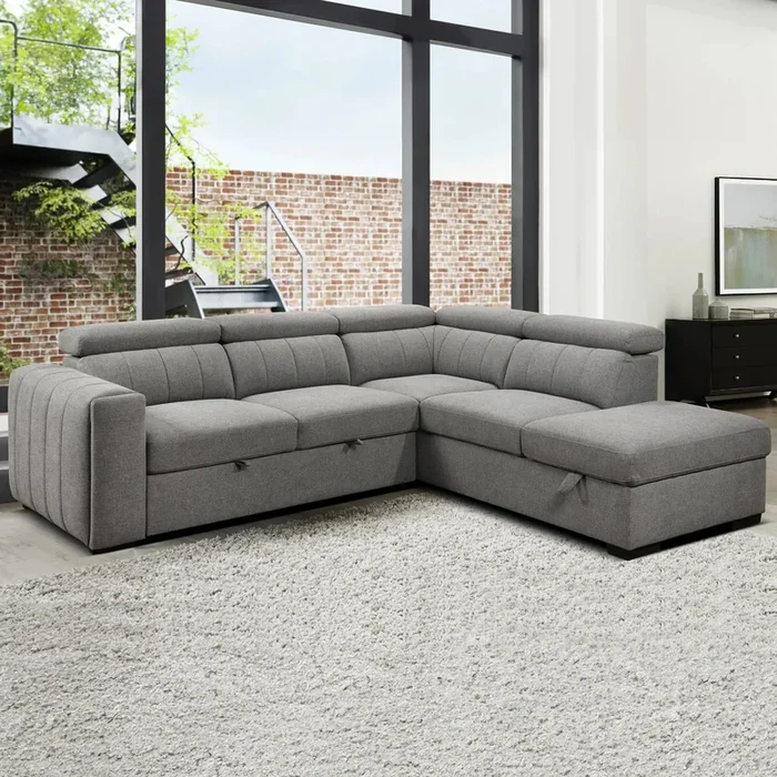 Sectionnel convertible avec chaise longue à droite, appuis-tête ajustables et rangement