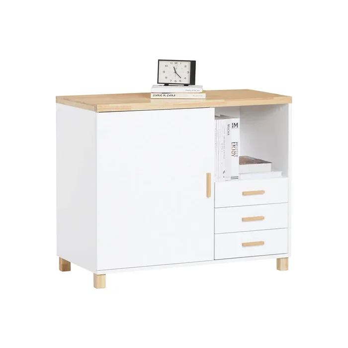 SoBuy ASK07-WN Meuble Imprimante Meuble Rangement Bureau à 3 Tiroirs avec Compartiment Ouvert Support Imprimante Caisson de Rangement Caisson de Bureau Blanc Naturel 90x45x75cm