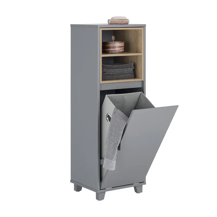 SoBuy BZR146-DG Meuble Bas de Salle de Bain, Meuble Demi-Colonne sur Pied, Placard WC Étroit avec 1 Panier à Linge
