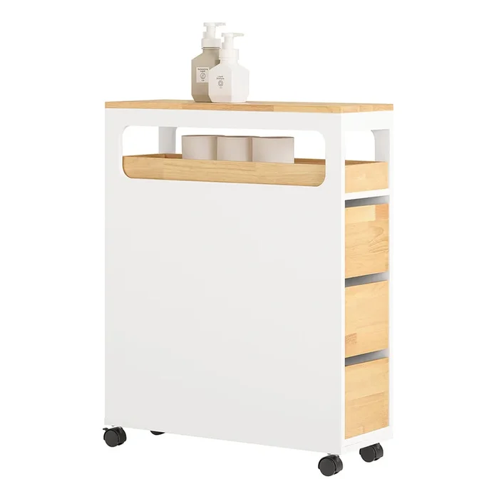 SoBuy BZR54-WN Meuble Salle de Bain à roulettes, Meuble de Rangement avec 3 Tiroirs, Petit Meuble WC en Bois, pour Salle de Bain et Toilette, Blanc+Naturel, 65x23x82cm