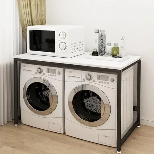 Support de Sèche-Linge Armoire de Rangement Double pour Machine à Laver, Support de Rangement pour Buanderie, Salle de Bain et Toilettes, 128 * 60 * 9 Blanc