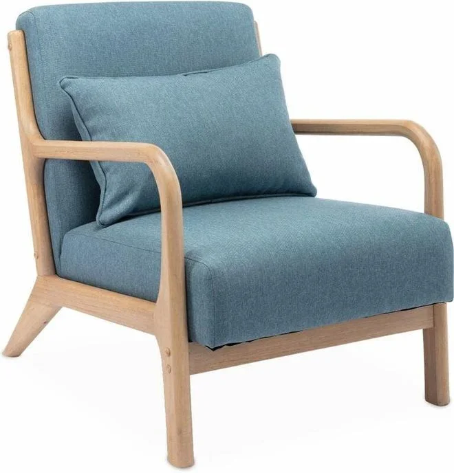 Sweeek – Fauteuil à bouclettes blanches. bois et tissu. 1 place droit fixe. pieds compas scandinave. structure en bois solide. assise confortable