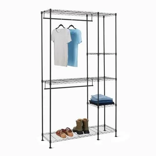 Système de rangement en métal avec étagères et tringles pour dressing, Noir, 114 x 36 x 193 cm